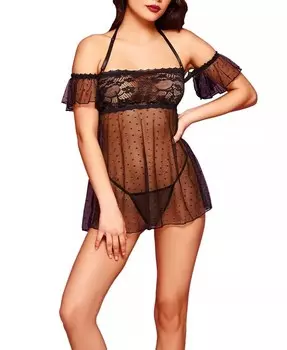 Комплект нижнего белья Odette Dot Mesh and Lace Babydoll & Thong из 2 предметов Hauty, черный