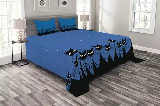 Комплект ночного покрывала ABAKUHAUS, Black Cats Starry Sky, комплект с моющимися наволочками, для односпальных кроватей 264 x 220 см, синий черный белый