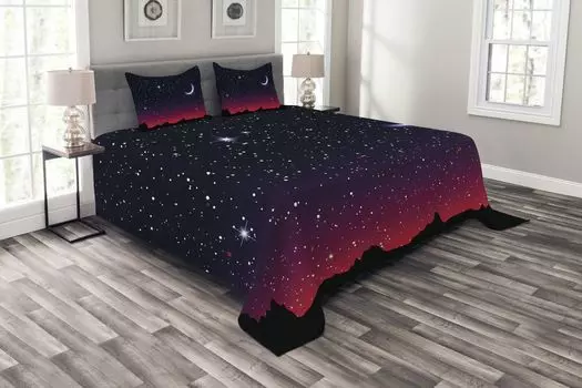 Комплект ночного покрывала ABAKUHAUS, Red Sky Starry Landscape, комплект с моющимися наволочками, для односпальных кроватей 264 x 220 см, индиго, пурпурный, черный