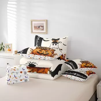 Комплект одеял Erosebridal Queen, 7 предметов, Двусторонняя кровать для Хэллоуина в сумке Queen, Комплект постельного белья «Королева тыквы» с одеялом черной кошки, плоская простыня, простыня на подкладке, наволочки, наволочки, Black Orange