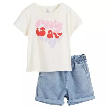 Комплект одежды H&amp;M T-shirt and Shorts Denim Floral, 2 предмета, светло-синий/белый