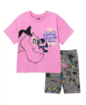 Комплект одежды из большой футболки с заниженными плечами и велосипедных шорт для девочек Moon Devil Dinosaur Marvel, фиолетовый