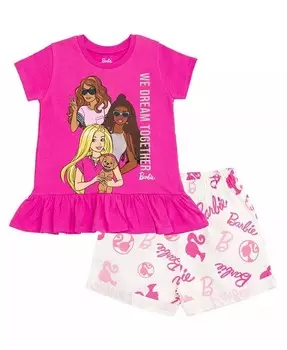 Комплект одежды из футболки с баской и саржевых шорт для девочек (2T–14–16 лет) Barbie, розовый