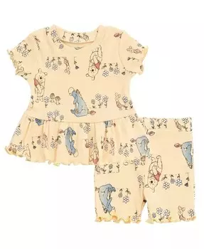 Комплект одежды из футболки с баской в рубчик и велосипедных шорт для девочек-подростков от новорожденных до (0–3 месяцев – 14–16 лет) Disney, желтый