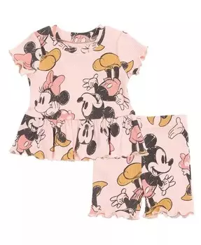 Комплект одежды из футболки с баской в рубчик и велосипедных шорт для девочек-подростков от новорожденных до (0–3 месяцев – 14–16 лет) Disney, розовый