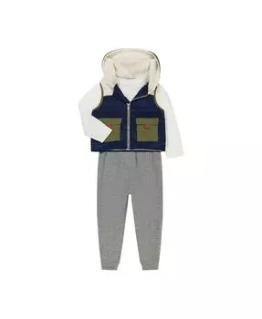 Комплект одежды из трех предметов для мальчиков-малышей: жилет с капюшоном из шерпы, топ с длинными рукавами с рисунком и брюки-джоггеры BEARPAW, синий