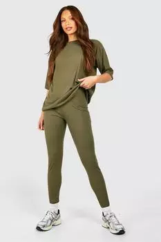 Комплект оверсайз из футболки и леггинсов с высоким краем в рубчик boohoo, хаки