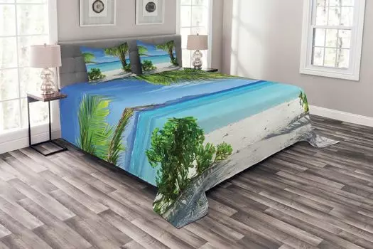 Комплект пляжного покрывала ABAKUHAUS, Idyllic Oceanic Resort, комплект с моющимися наволочками, для односпальных кроватей 264 x 220 см, зеленый аква-кокос