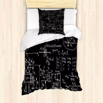 Комплект пододеяльников ABAKUHAUS Physics для односпальных кроватей, с эскизом механической формулы, защита от клещей, подходит для аллергиков, с наволочкой, 135 см x 200 см - 80 x 80 см, угольно-серый и белый