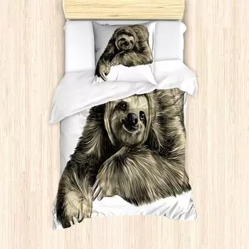 Комплект пододеяльников ABAKUHAUS Sloth для односпальных кроватей, улыбка тропического животного, защита от клещей, подходит для аллергиков, с наволочкой, цвет черной слоновой кости