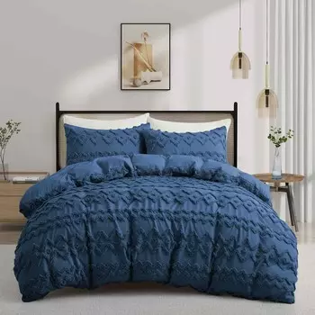 Комплект пододеяльников премиум-класса, 180 г/м, состоящий из 3 предметов, специальный дизайн с застежкой-молнией, темно-синий с волнистыми цветами Puredown, цвет Navy Blue