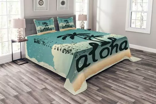 Комплект покрывала ABAKUHAUS Aloha, пальмы с типографикой грязи, комплект с моющимися наволочками, для односпальных кроватей 264 x 220 см, темно-зеленый морской пены