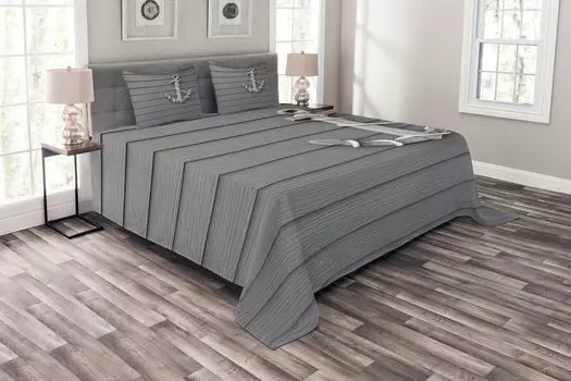 Комплект покрывала ABAKUHAUS Anchor, Antique Wall Navy Natural, комплект с моющимися наволочками, для односпальных кроватей 220 x 220 см, серый