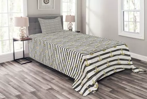 Комплект покрывала ABAKUHAUS Anchor, Black Stripes Cruise, комплект с моющимися наволочками, для односпальных кроватей 170 x 220 см, коричневый белый песок