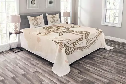Комплект покрывала ABAKUHAUS Anchor, Marine Rope Summer Holidays, комплект с моющимися наволочками, для односпальных кроватей 264 x 220 см, кремово-коричневый
