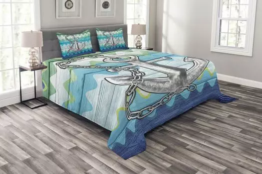 Комплект покрывала ABAKUHAUS Anchor, морские зигзаги с шевронами, комплект с моющимися наволочками, для односпальных кроватей 264 x 220 см, разноцветный