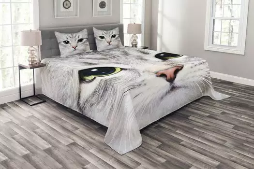 Комплект покрывала ABAKUHAUS Animal, Face of a House Kitty, комплект с моющимися наволочками, для односпальных кроватей 264 x 220 см, разноцветный