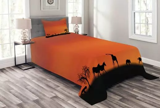 Комплект покрывала ABAKUHAUS Animal, Safari Sunset с чайкой, комплект с моющимися наволочками, для односпальных кроватей 170 x 220 см, Burnt Orange Black