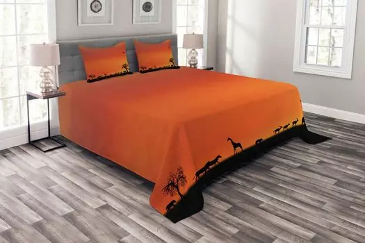 Комплект покрывала ABAKUHAUS Animal, Safari Sunset с чайкой, комплект с моющимися наволочками, для односпальных кроватей 220 x 220 см, Burnt Orange Black