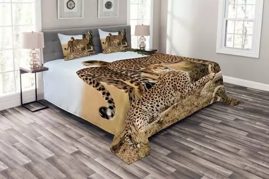 Комплект покрывала ABAKUHAUS Animal World, гепарды Safari Animal, комплект с моющимися наволочками, для односпальных кроватей 264 x 220 см, темно-коричневый