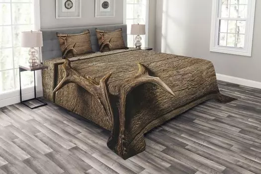 Комплект покрывала ABAKUHAUS Antler, деревянный рог оленя в деревенском стиле, комплект с моющимися наволочками, для односпальных кроватей 264 x 220 см, коричневый Умбра