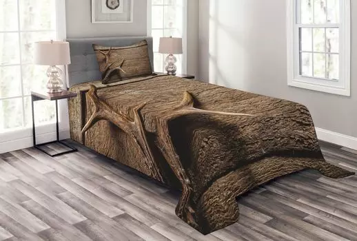 Комплект покрывала ABAKUHAUS Antler, деревянный рог оленя в деревенском стиле, комплект с моющимися наволочками, для односпальных кроватей 170 x 220 см, коричневый Умбра