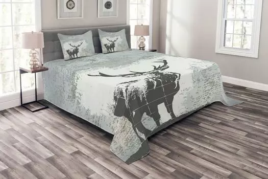 Комплект покрывала ABAKUHAUS Antler, силуэт оленя в стиле гранж, комплект с моющимися наволочками, для односпальных кроватей 220 x 220 см, серо-черный