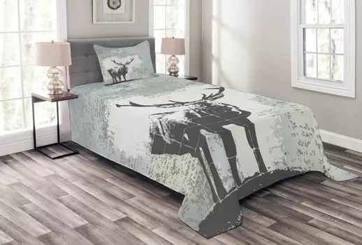 Комплект покрывала ABAKUHAUS Antler, силуэт оленя в стиле гранж, комплект с моющимися наволочками, для односпальных кроватей 170 x 220 см, серо-черный