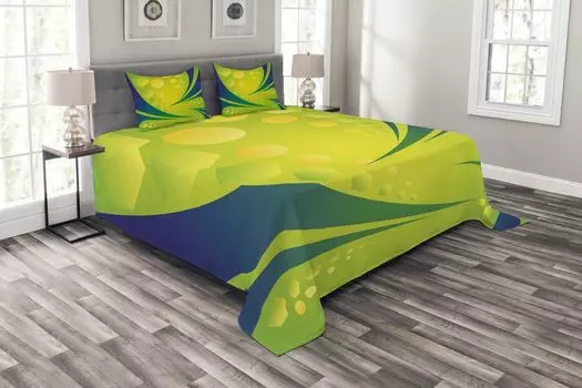 Комплект покрывала ABAKUHAUS Brazil, Geometric Green Blue Art, комплект с моющимися наволочками, для односпальных кроватей 220 x 220 см, светло-зеленый и темно-синий
