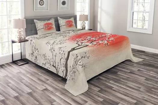 Комплект покрывала ABAKUHAUS Cherry Blossom, японское искусство сакуры, комплект с моющимися наволочками, для односпальных кроватей 220 x 220 см, серый желтый темно-коралловый