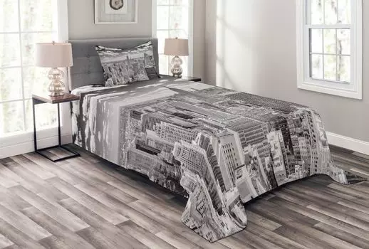 Комплект покрывала ABAKUHAUS City, Manhattan City Landscape, комплект с моющимися наволочками, для односпальных кроватей 170 x 220 см, серый