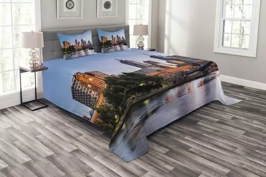 Комплект покрывала ABAKUHAUS City, Morning Australia River, комплект с моющимися наволочками, для односпальных кроватей 264 x 220 см, оранжевый, зеленый, голубой