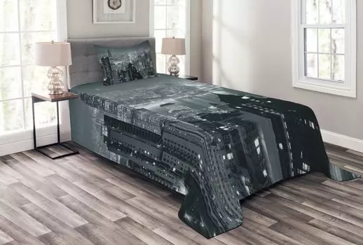 Комплект покрывала ABAKUHAUS City, Воздушный ночной пейзаж, комплект с моющимися наволочками, для односпальных кроватей 170 x 220 см, серый