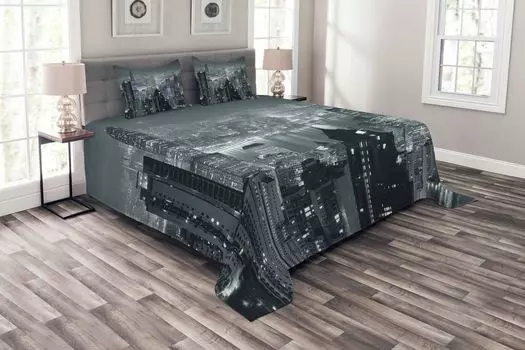 Комплект покрывала ABAKUHAUS City, Воздушный ночной пейзаж, комплект с моющимися наволочками, для односпальных кроватей 220 x 220 см, серый