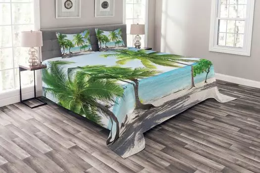 Комплект покрывала ABAKUHAUS Coastal, Palm Island Shore, комплект с моющимися наволочками, для односпальных кроватей 264 x 220 см, Green Aqua Coconut