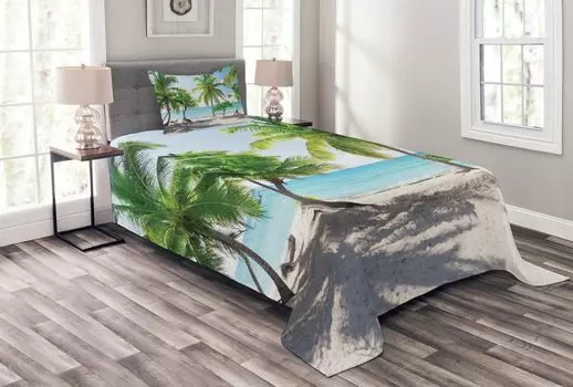 Комплект покрывала ABAKUHAUS Coastal, Palm Island Shore, комплект с моющимися наволочками, для односпальных кроватей 170 x 220 см, Green Aqua Coconut