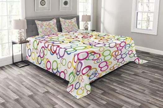 Комплект покрывала ABAKUHAUS Colorful Circles, цветные геометрические круги, комплект с моющимися наволочками, для односпальных кроватей 220 x 220 см, лавандовый лосось