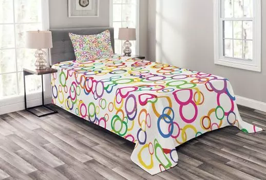 Комплект покрывала ABAKUHAUS Colorful Circles, цветные геометрические круги, комплект с моющимися наволочками, для односпальных кроватей 170 x 220 см, лавандовый лосось