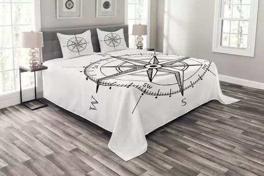 Комплект покрывала ABAKUHAUS Compass, направления розы ветров, комплект с моющимися наволочками, для односпальных кроватей 264 x 220 см, белый черный