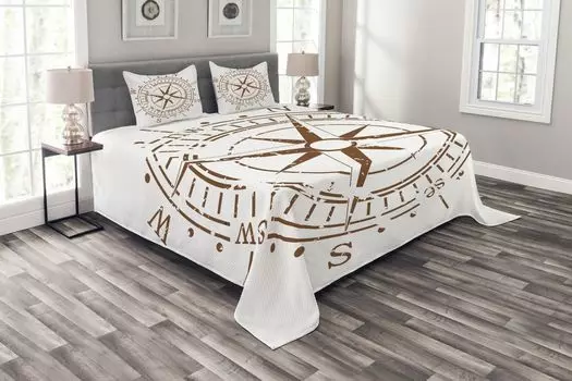 Комплект покрывала ABAKUHAUS Compass, тема эпохи открытий, комплект с моющимися наволочками, для односпальных кроватей 264 x 220 см, светло-коричневый