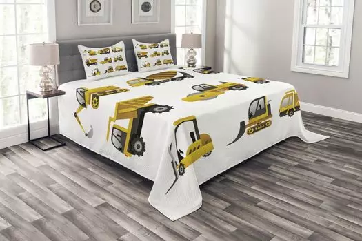 Комплект покрывала ABAKUHAUS Construction, Large Vehicles Art, комплект с моющимися наволочками, для односпальных кроватей 264 x 220 см, желтый, серый, белый