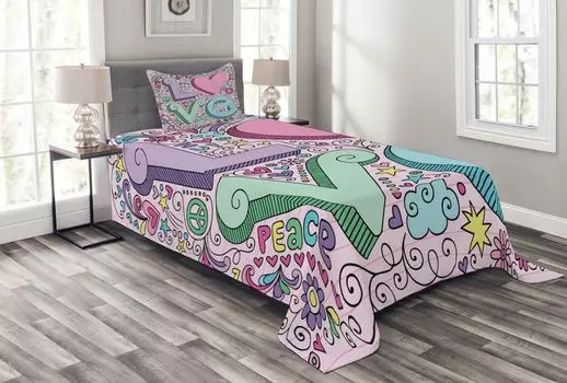 Комплект покрывала ABAKUHAUS Doodle, 3D Lettering Groovy, комплект с моющимися наволочками, для односпальных кроватей 170 x 220 см, разноцветный