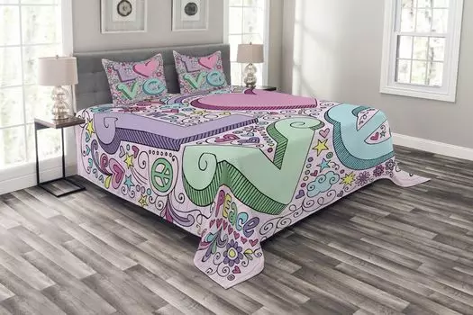 Комплект покрывала ABAKUHAUS Doodle, 3D Lettering Groovy, комплект с моющимися наволочками, для односпальных кроватей 220 x 220 см, разноцветный
