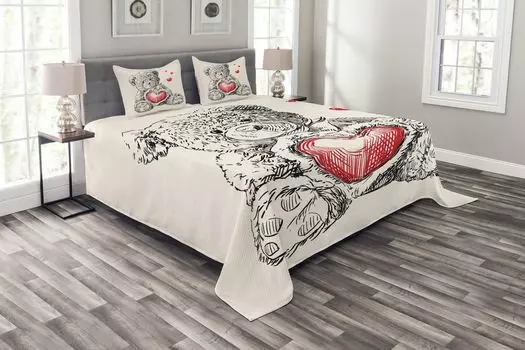 Комплект покрывала ABAKUHAUS Doodle, детализированный плюшевый мишка, комплект с моющимися наволочками, для односпальных кроватей 264 x 220 см, красный, черный, белый