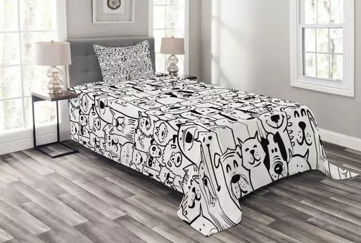 Комплект покрывала ABAKUHAUS Doodle, композиция «Собаки и кошки», комплект с моющимися наволочками, для односпальных кроватей 170 x 220 см, белый черный