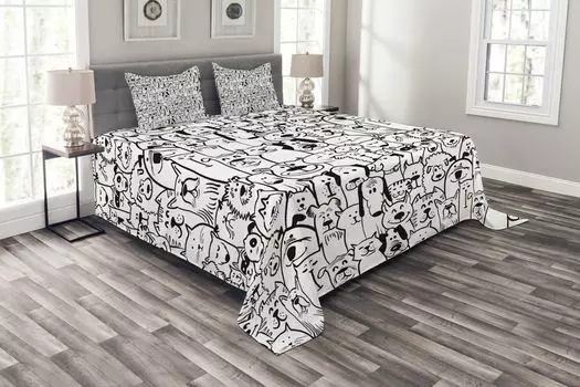 Комплект покрывала ABAKUHAUS Doodle, композиция «Собаки и кошки», комплект с моющимися наволочками, для односпальных кроватей 220 x 220 см, белый черный
