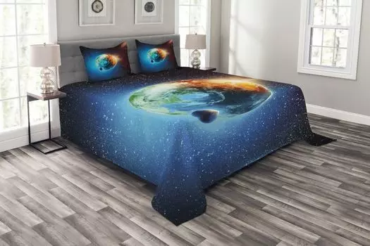 Комплект покрывала ABAKUHAUS Earth, Galaxy Space Plays Astral, комплект с моющимися наволочками, для односпальных кроватей 220 x 220 см, черный оранжевый и синий