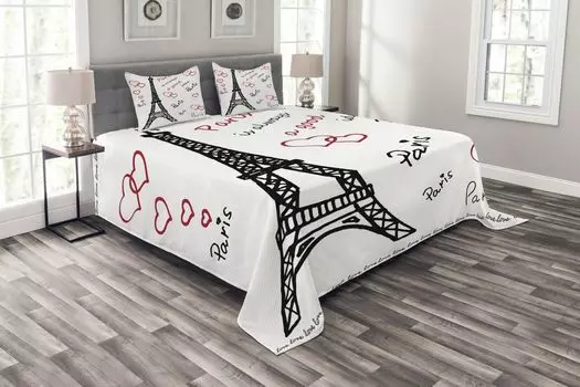 Комплект покрывала ABAKUHAUS Eiffel Tower, Эйфелева башня Париж, комплект с моющимися наволочками, для односпальных кроватей 220 x 220 см, красный черный белый