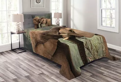 Комплект покрывала ABAKUHAUS Elephant, Big Game Savanna, комплект с моющимися наволочками, для односпальных кроватей 170 x 220 см, коричнево-зеленый