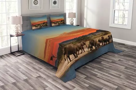 Комплект покрывала ABAKUHAUS Elephant, Safari Wildlife, комплект с моющимися наволочками, для односпальных кроватей 220 x 220 см, бледно-голубой, оранжевый, коричневый